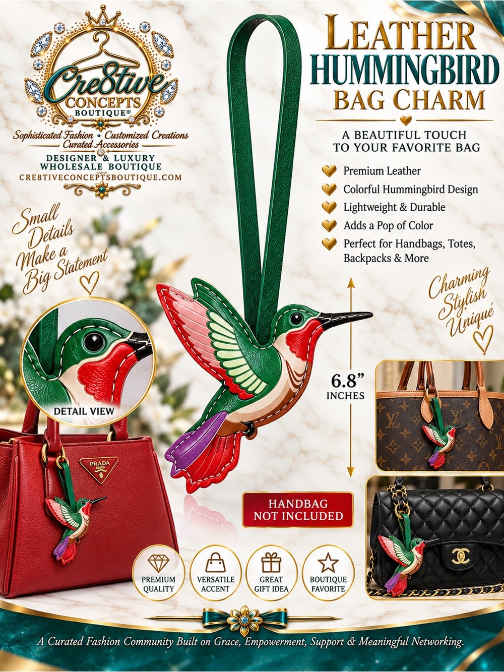 Hummingbird LeatherBag Charm – Colorful Purse Charm Handbag Accessory